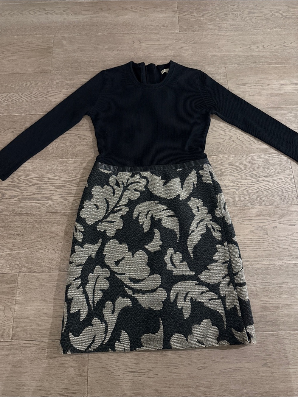 Burberry Black Long-Sleeve Knit Dress with Gray Floral Skirt